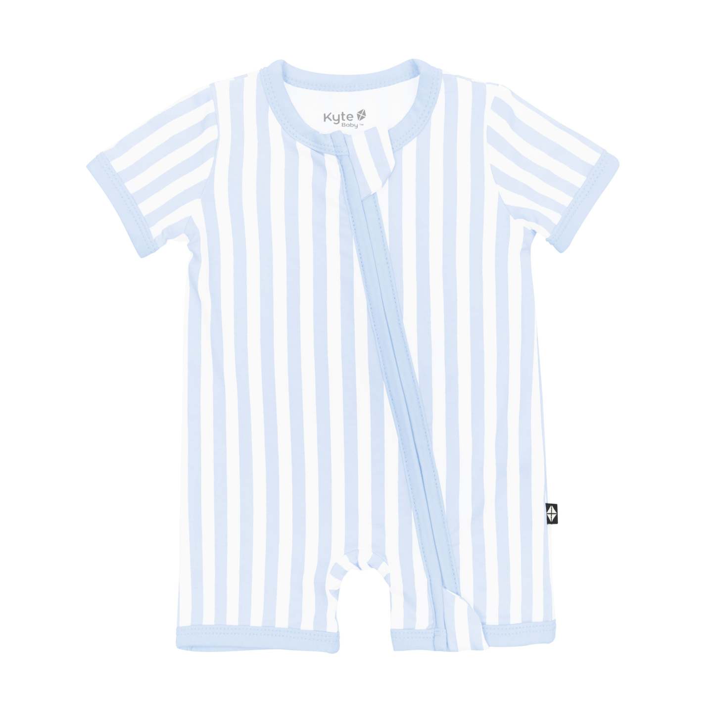 Product photo of Kyte Baby's Zipper Shortall Romper in Small Mist Stripe
