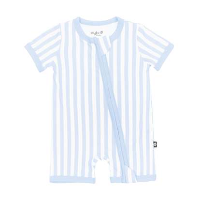 Product photo of Kyte Baby's Zipper Shortall Romper in Small Mist Stripe
