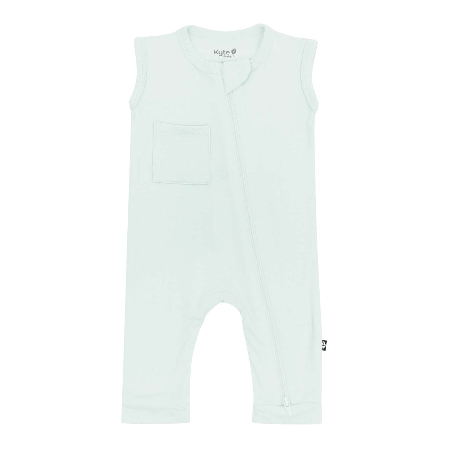 Kyte Baby's Zippered Sleeveless Romper in Dew showing front pocket and zippered closure