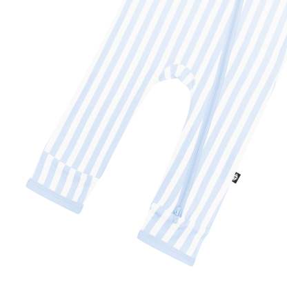 Double zipper shown on the leg of the Zippered Romper in Small Mist Stripe