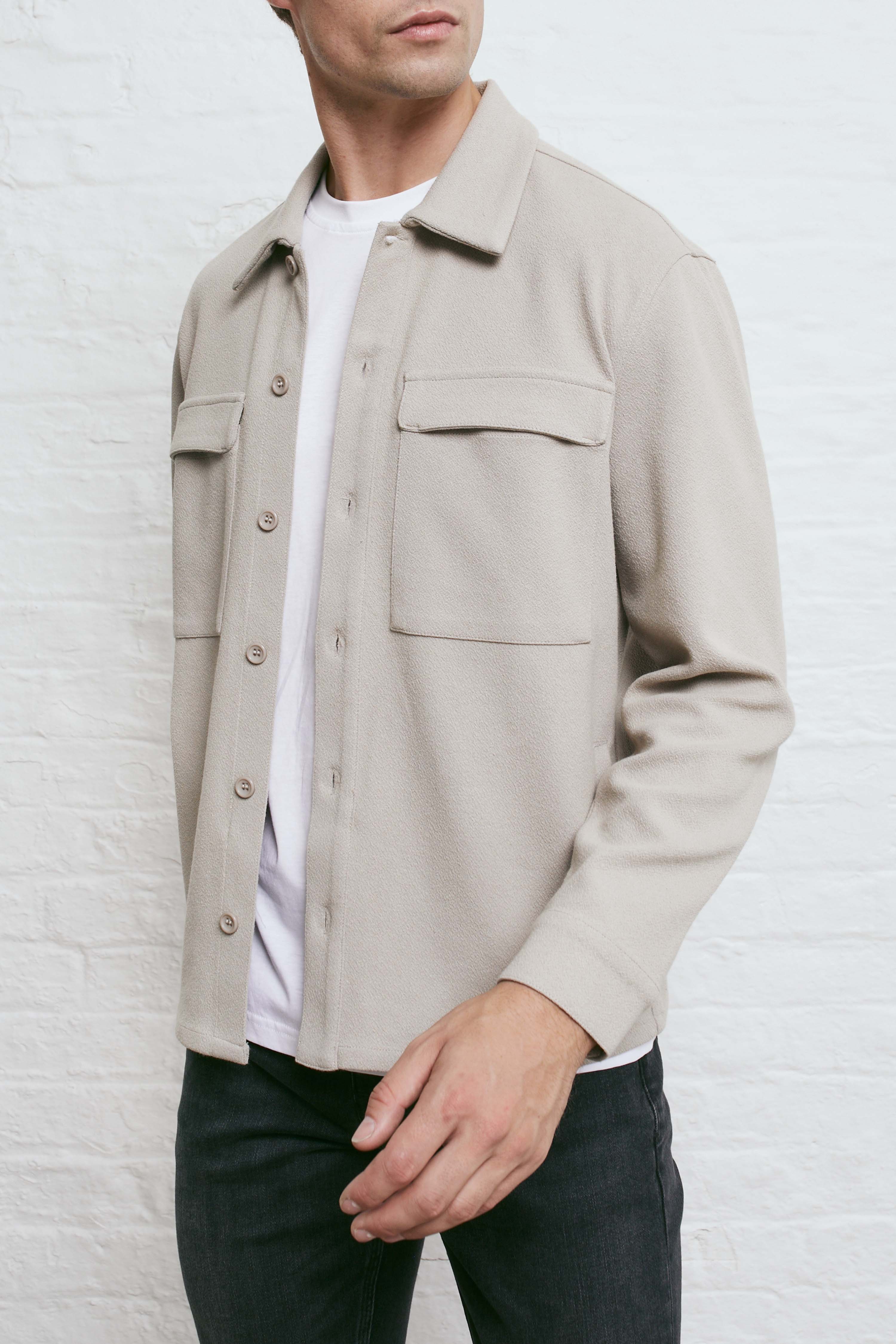 Textured Button Overshirt - Stone