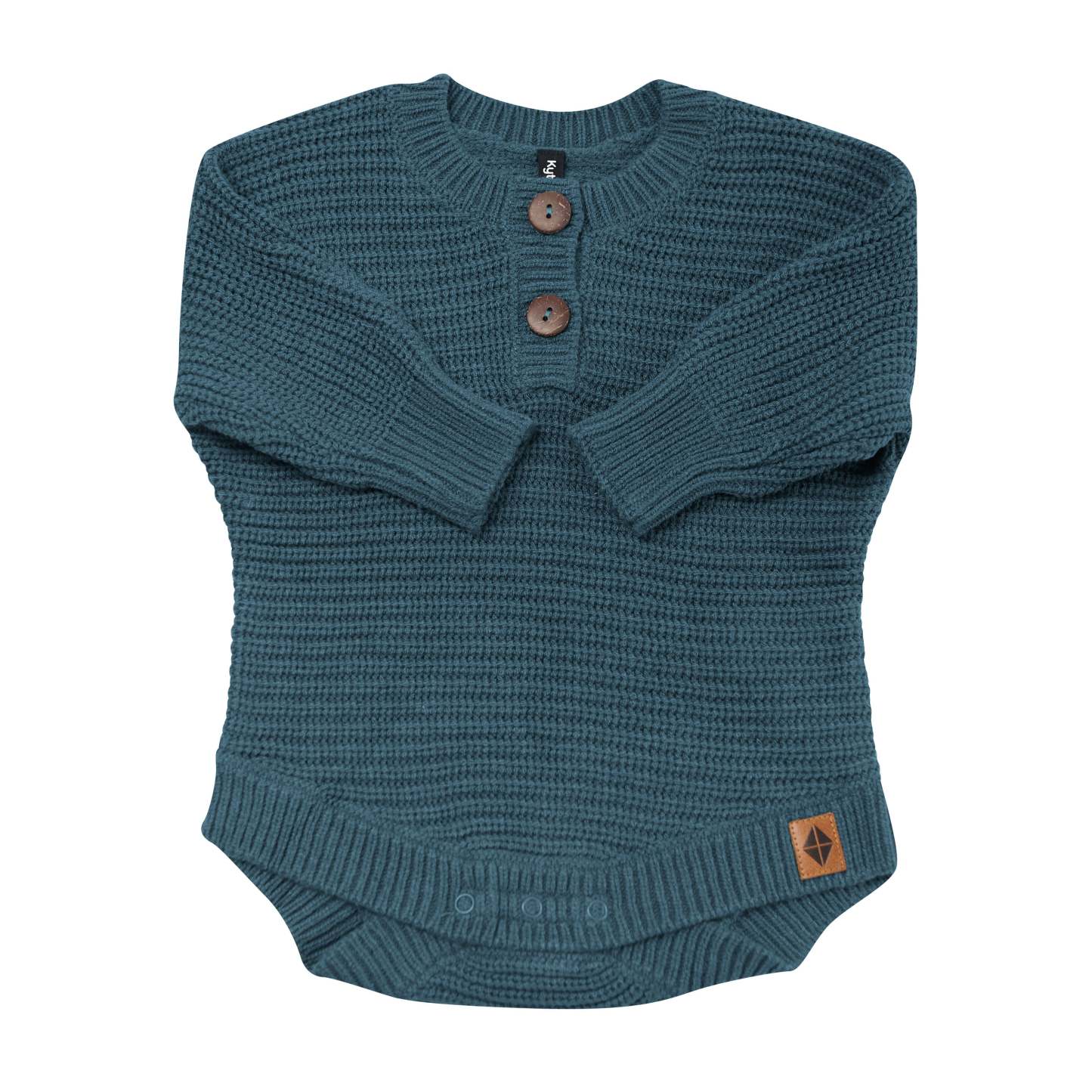 Chunky Knit Romper in Atlantic shown with the arms folded inwards