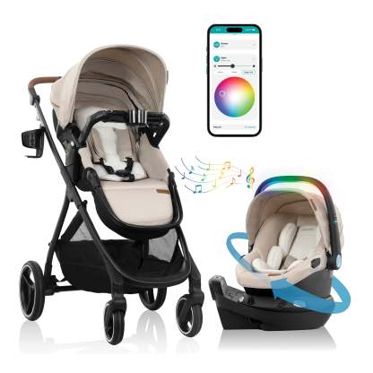 Shyft Intuiti+ Travel System featuring Revolve180 LiteMax™ NXT Rotating Infant Car Seat with SensorySoothe (Champagne)