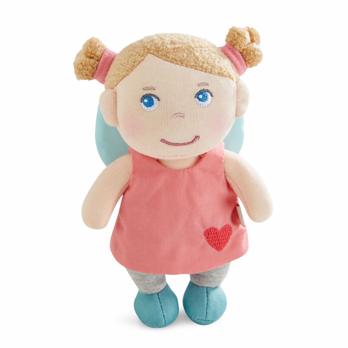 Guardian Angel Lucy doll with blue eyes, pink dress with a heart, and pastel blue wings.