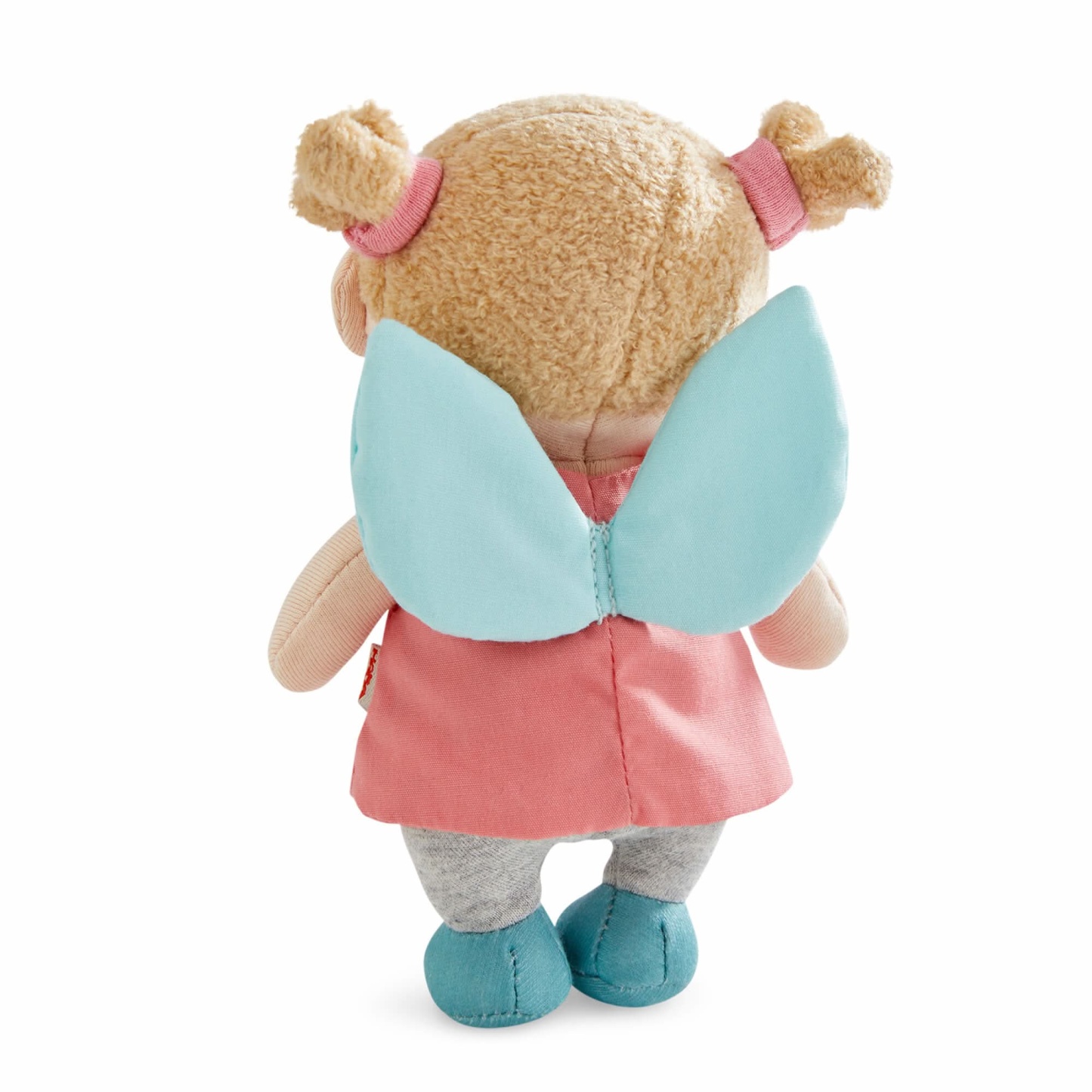 Back of Guardian Angel Lucy doll with pink dress with a heart, and pastel blue wings.