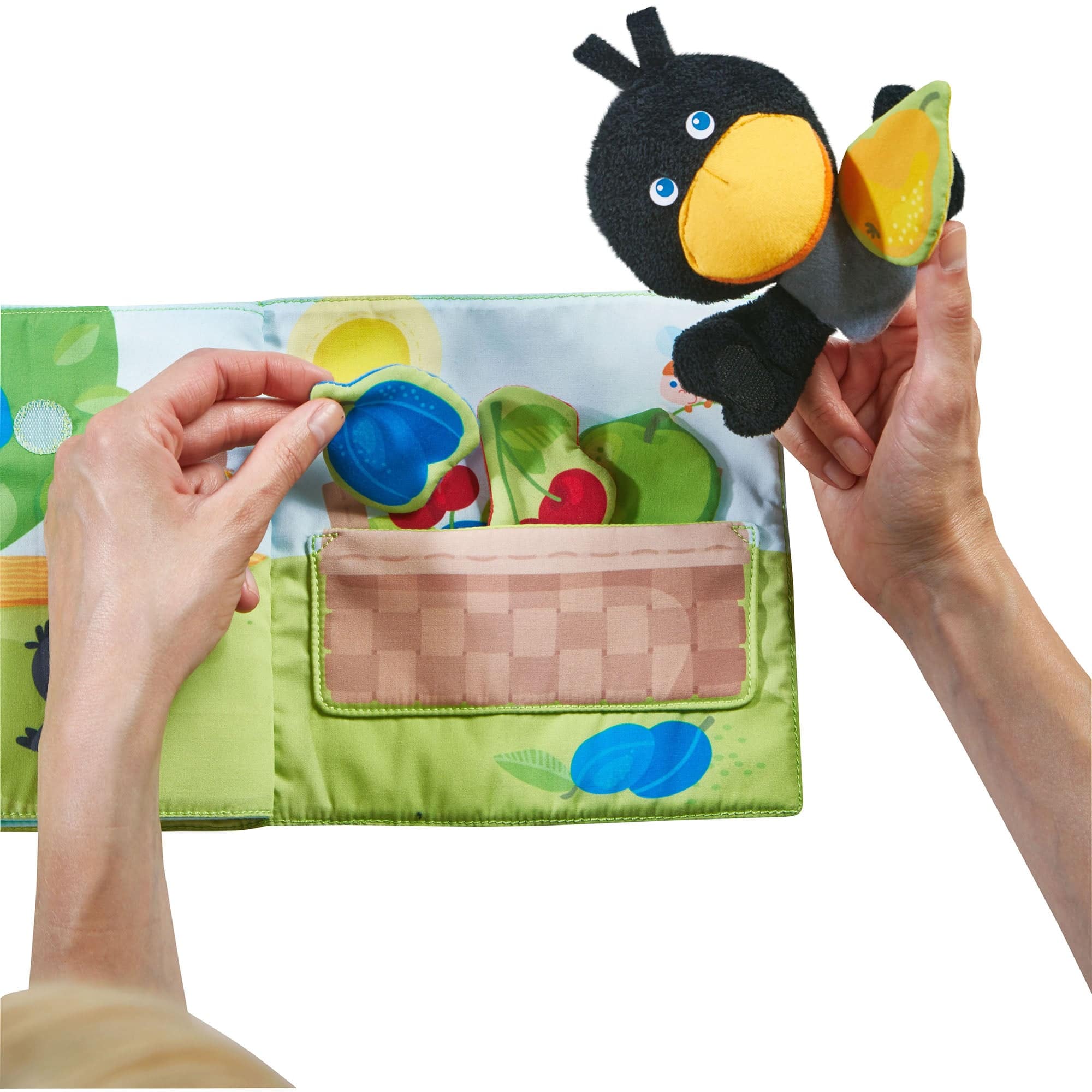 Orchard Fabric Baby Book with Raven Finger Puppet - HABA USA