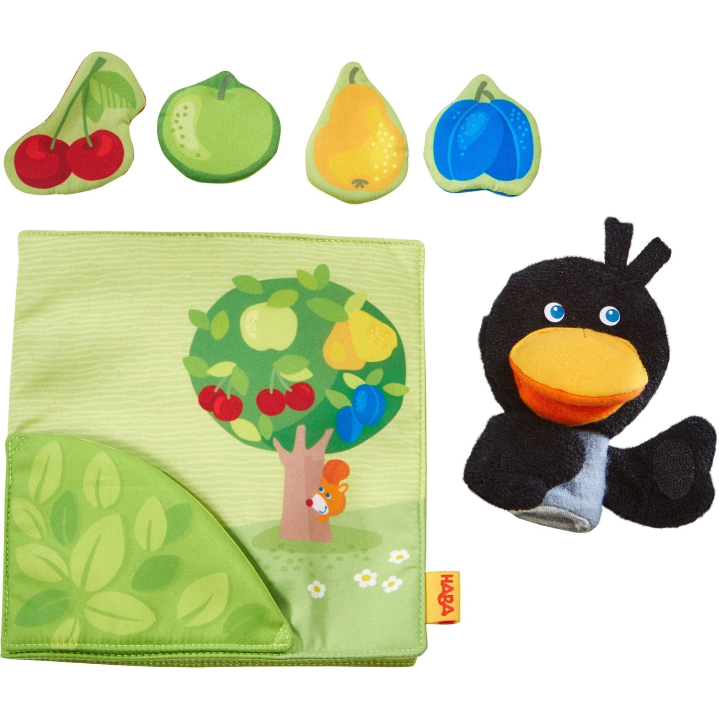 Orchard Fabric Baby Book with Raven Finger Puppet - HABA USA