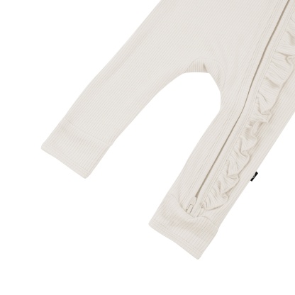 Kyte Baby Ribbed Ruffle Zipper Romper Ribbed Ruffle Zipper Romper in Oat