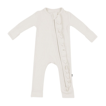 Kyte Baby Ribbed Ruffle Zipper Romper Ribbed Ruffle Zipper Romper in Oat