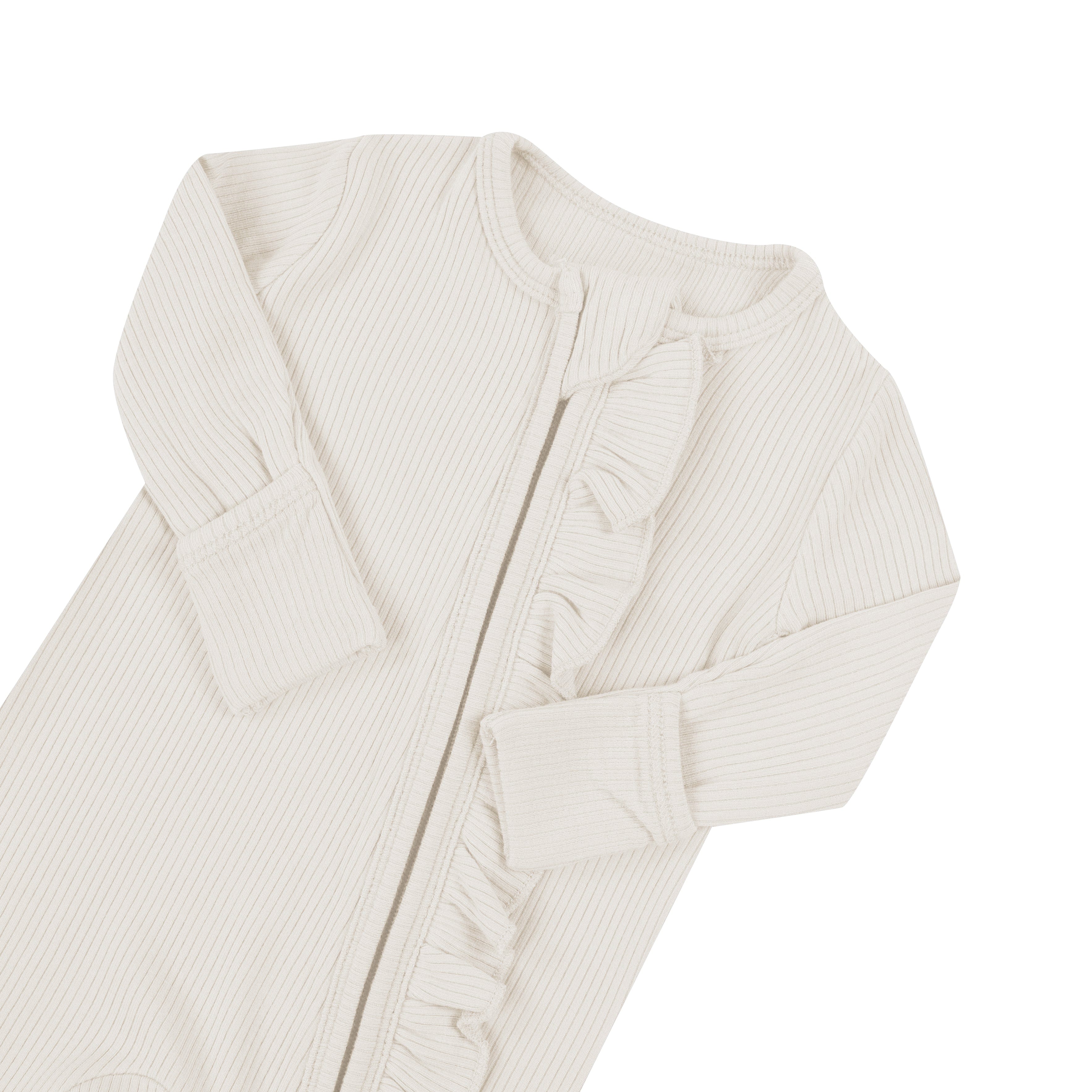 Kyte Baby Ribbed Ruffle Zipper Romper Ribbed Ruffle Zipper Romper in Oat
