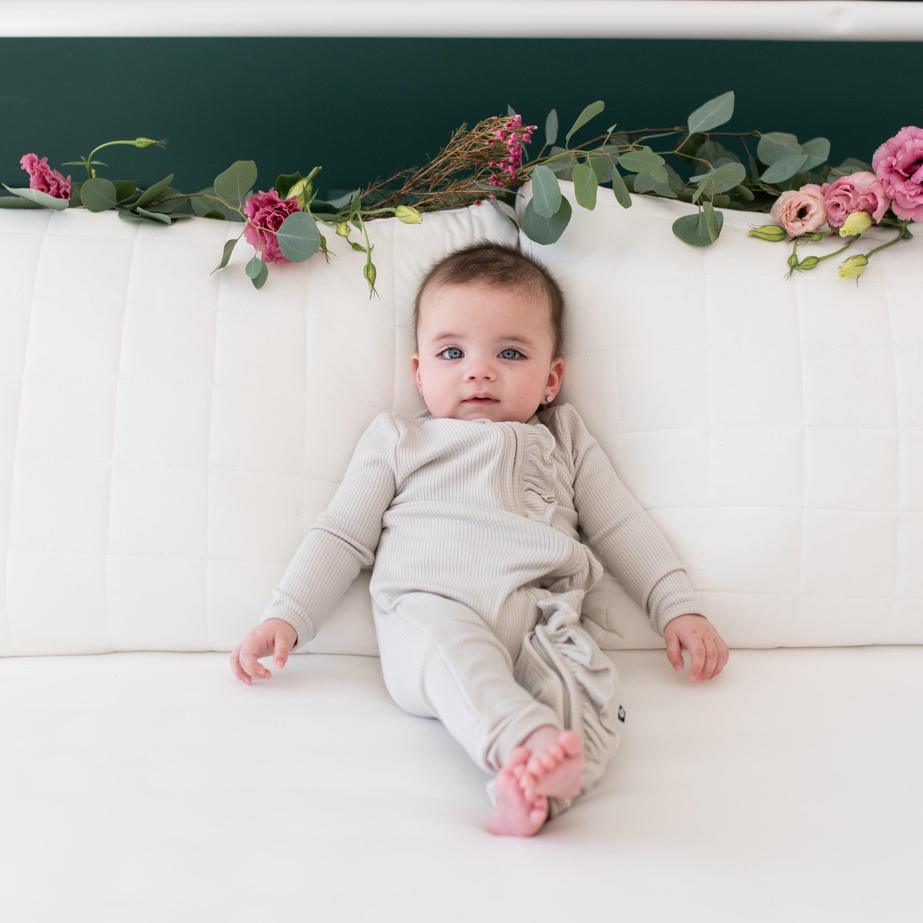 Kyte Baby Ribbed Ruffle Zipper Romper Ribbed Ruffle Zipper Romper in Oat