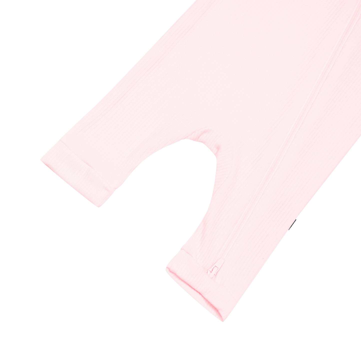 Double zipper on Kyte Baby Ribbed Zippered Sleeveless Romper in Sakura