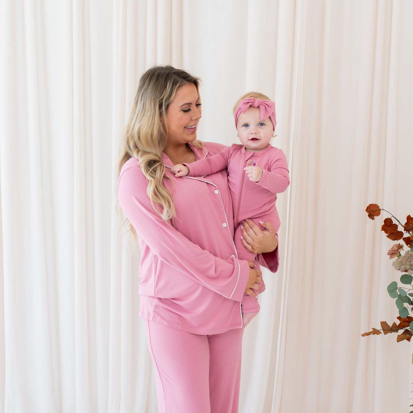 Mommy and me matching outfits on mom and daughter in pink