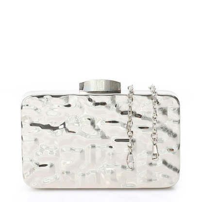 Silver clutch bag with a textured pattern on a white background