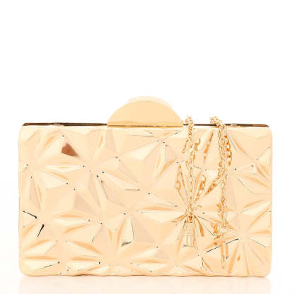 Gold clutch bag with a chain strap on a white background