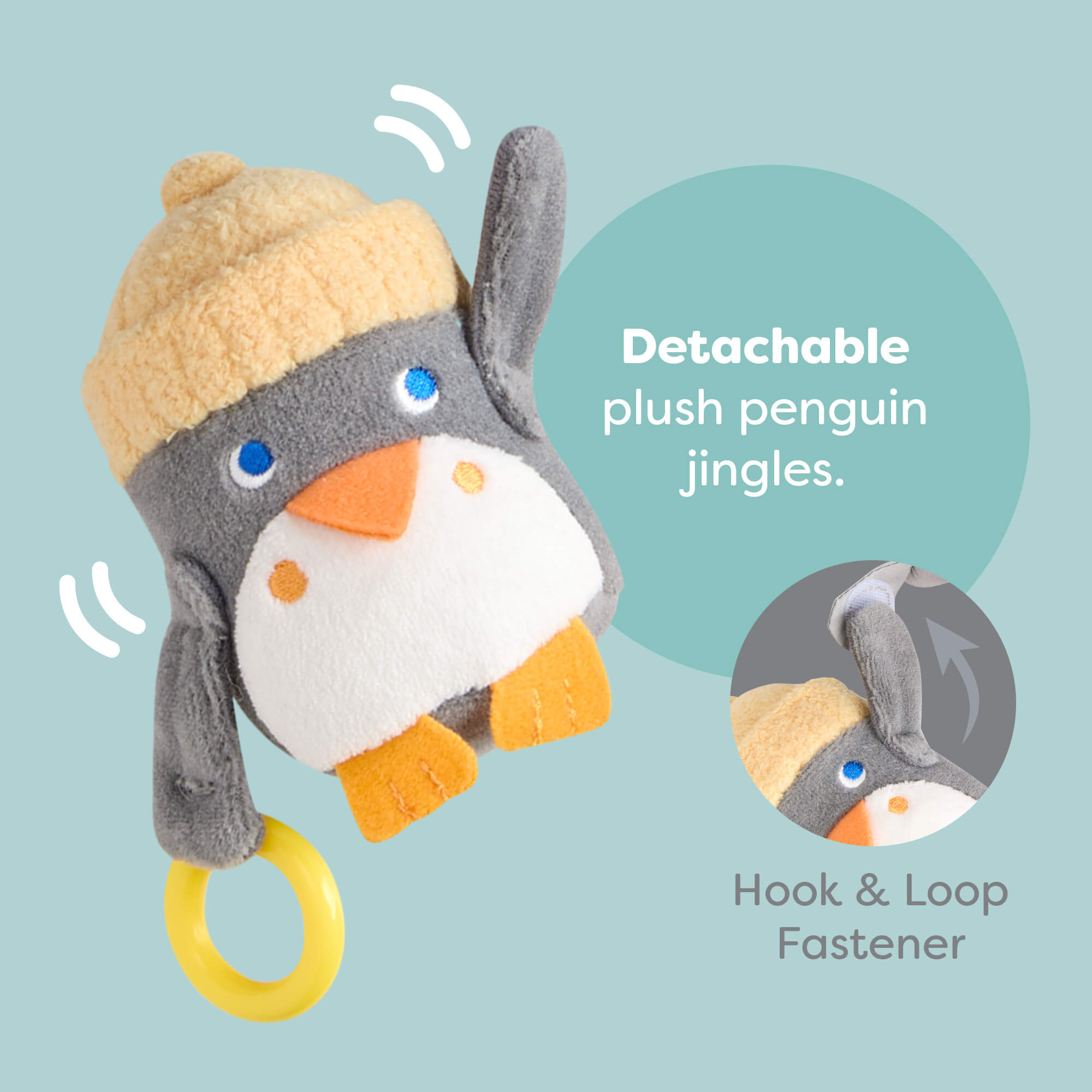 Penguin Activity Spiral Stroller & Car Seat Toy has a detachable plush penguin that jingles