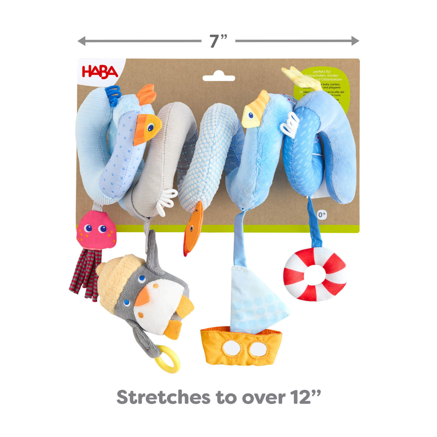 Penguin Activity Spiral Stroller & Car Seat Toy packaging. Toy is 7" and stretches to over 12" long