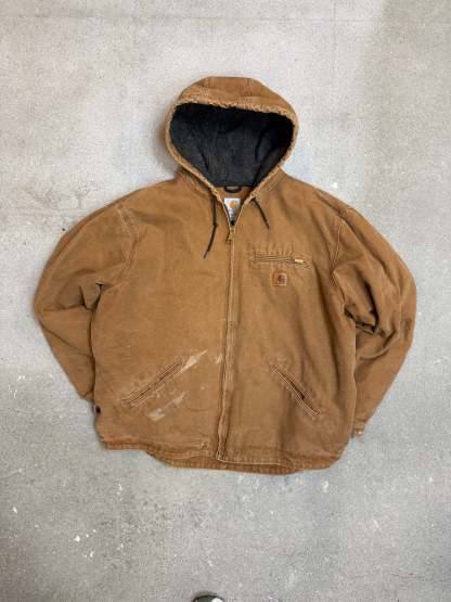 1990s Carhartt J141-211 Mens Brown Sherpa Lined Work Hooded Active Jacket (size XL Regular) Made in Mexico