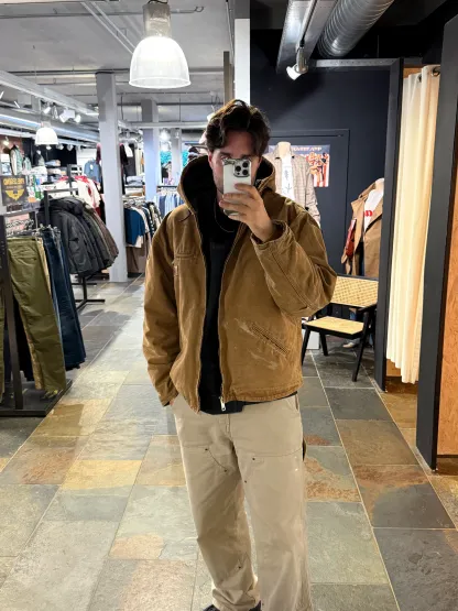 1990s Carhartt J141-211 Mens Brown Sherpa Lined Work Hooded Active Jacket (size XL Regular) Made in Mexico