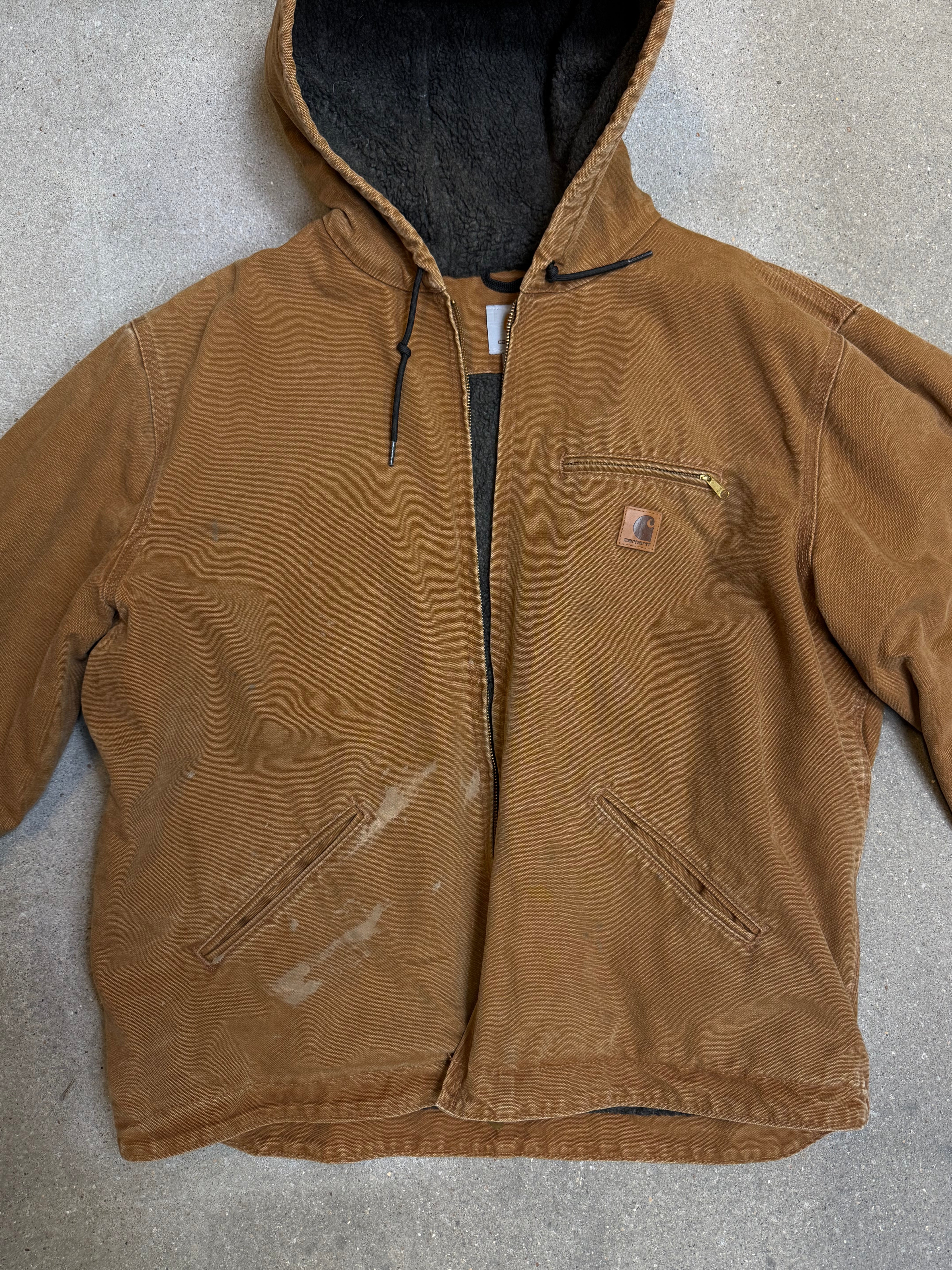 1990s Carhartt J141-211 Mens Brown Sherpa Lined Work Hooded Active Jacket (size XL Regular) Made in Mexico