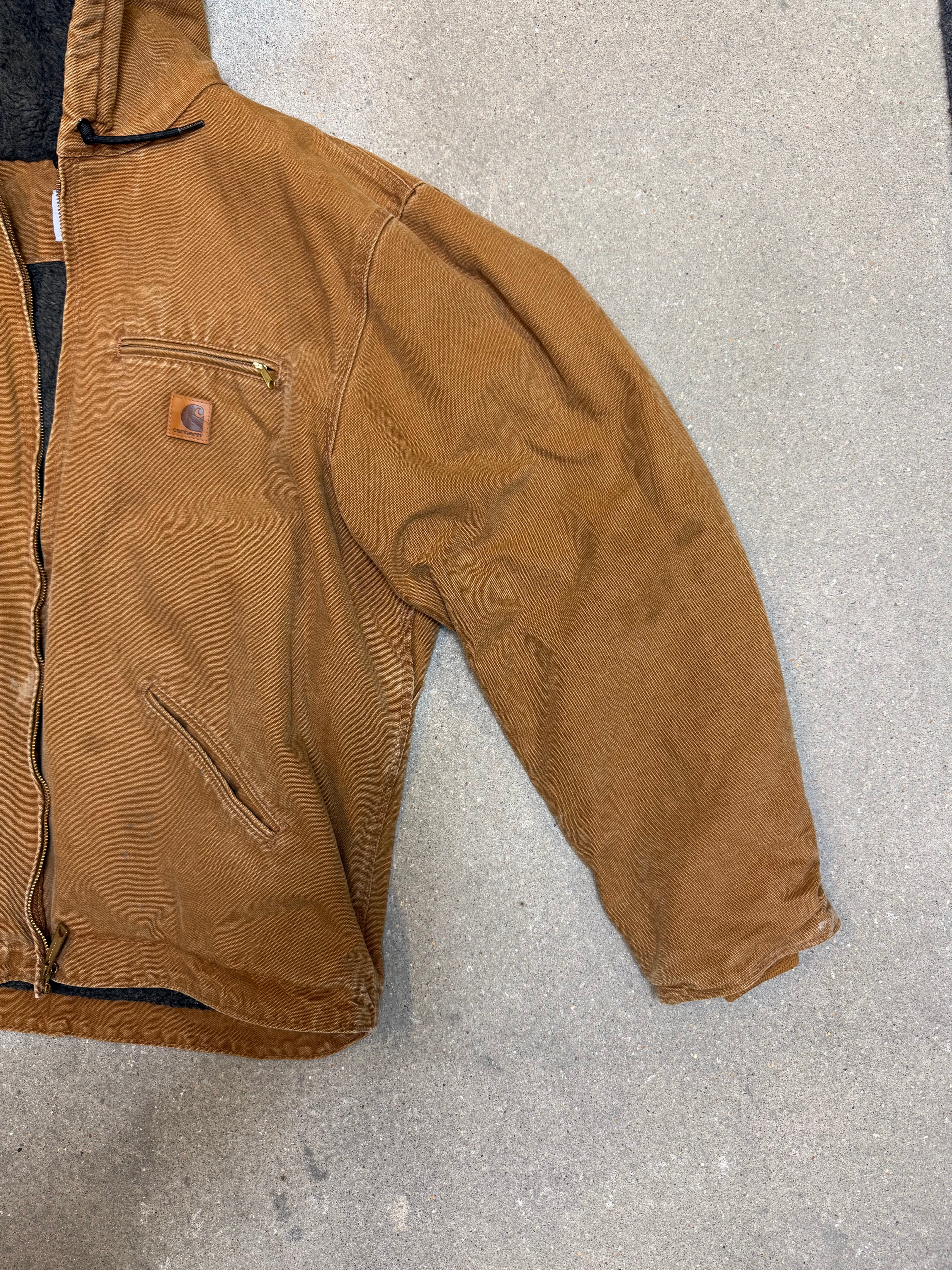 1990s Carhartt J141-211 Mens Brown Sherpa Lined Work Hooded Active Jacket (size XL Regular) Made in Mexico