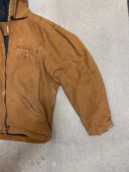 1990s Carhartt J141-211 Mens Brown Sherpa Lined Work Hooded Active Jacket (size XL Regular) Made in Mexico