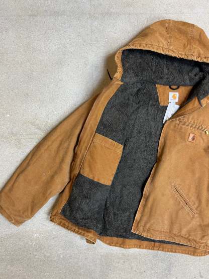 1990s Carhartt J141-211 Mens Brown Sherpa Lined Work Hooded Active Jacket (size XL Regular) Made in Mexico