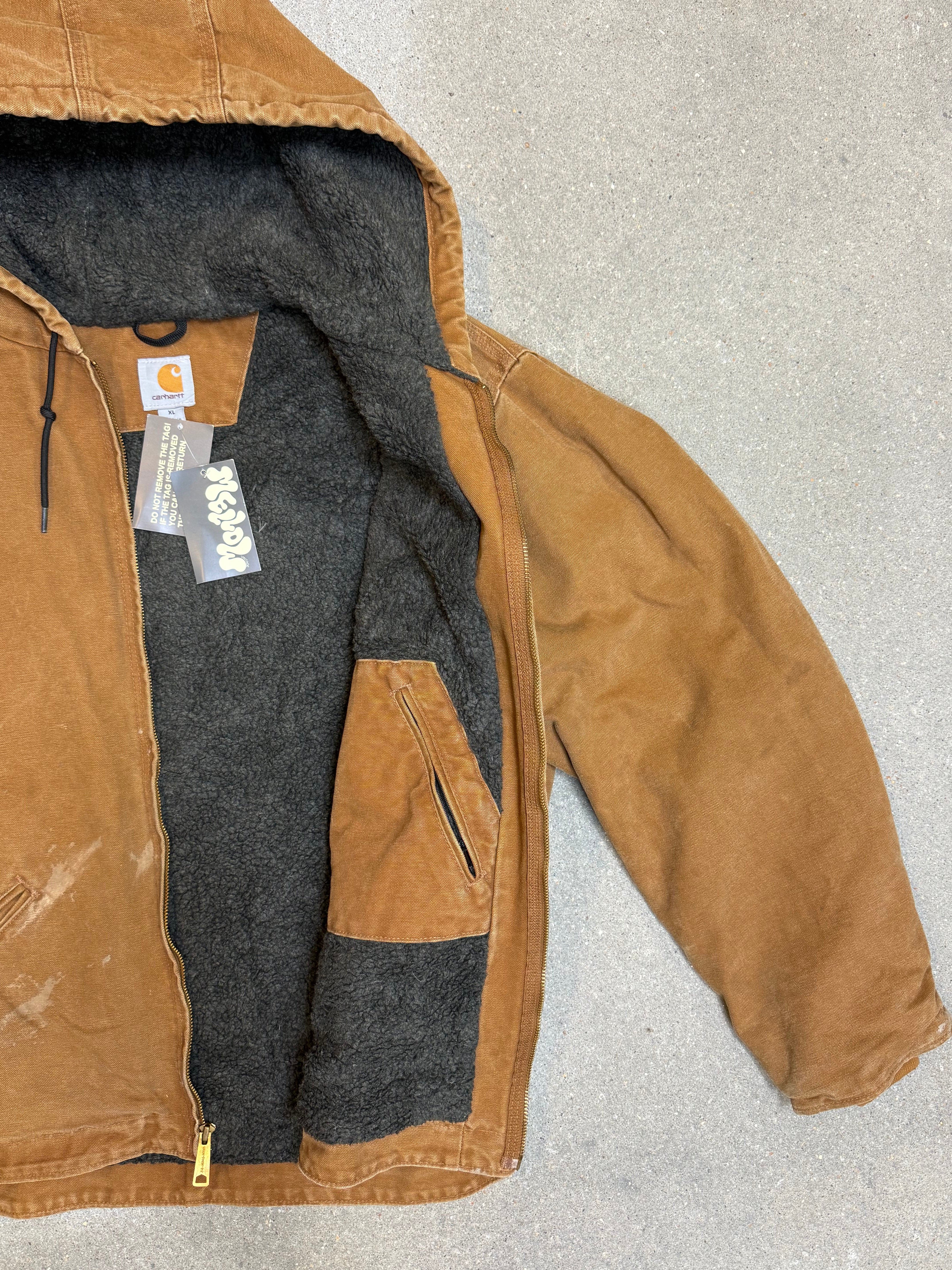 1990s Carhartt J141-211 Mens Brown Sherpa Lined Work Hooded Active Jacket (size XL Regular) Made in Mexico