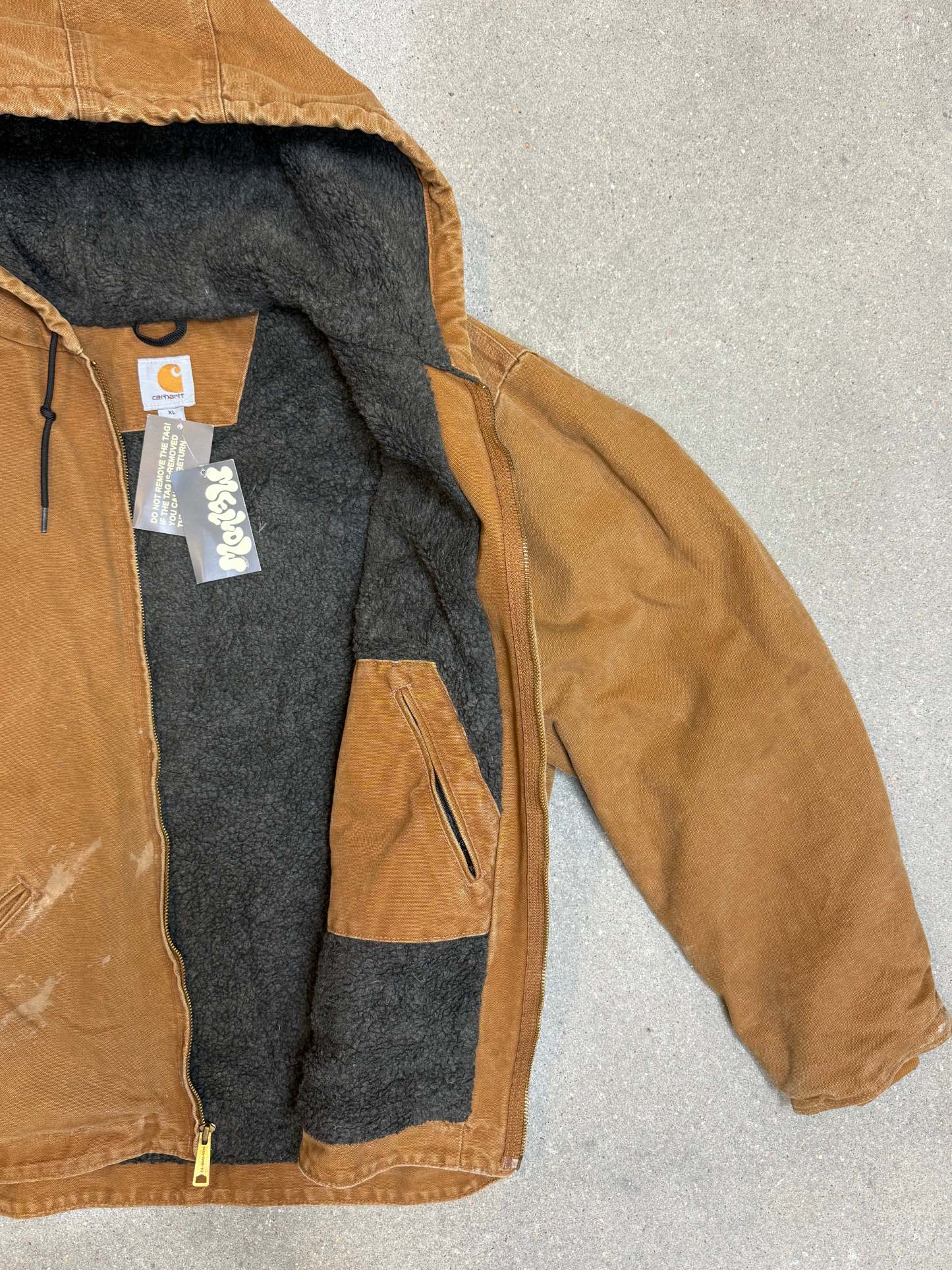 1990s Carhartt J141-211 Mens Brown Sherpa Lined Work Hooded Active Jacket (size XL Regular) Made in Mexico