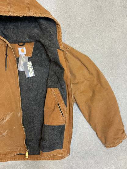 1990s Carhartt J141-211 Mens Brown Sherpa Lined Work Hooded Active Jacket (size XL Regular) Made in Mexico