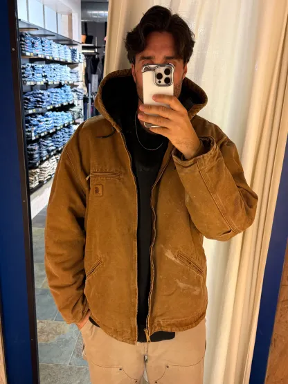 1990s Carhartt J141-211 Mens Brown Sherpa Lined Work Hooded Active Jacket (size XL Regular) Made in Mexico