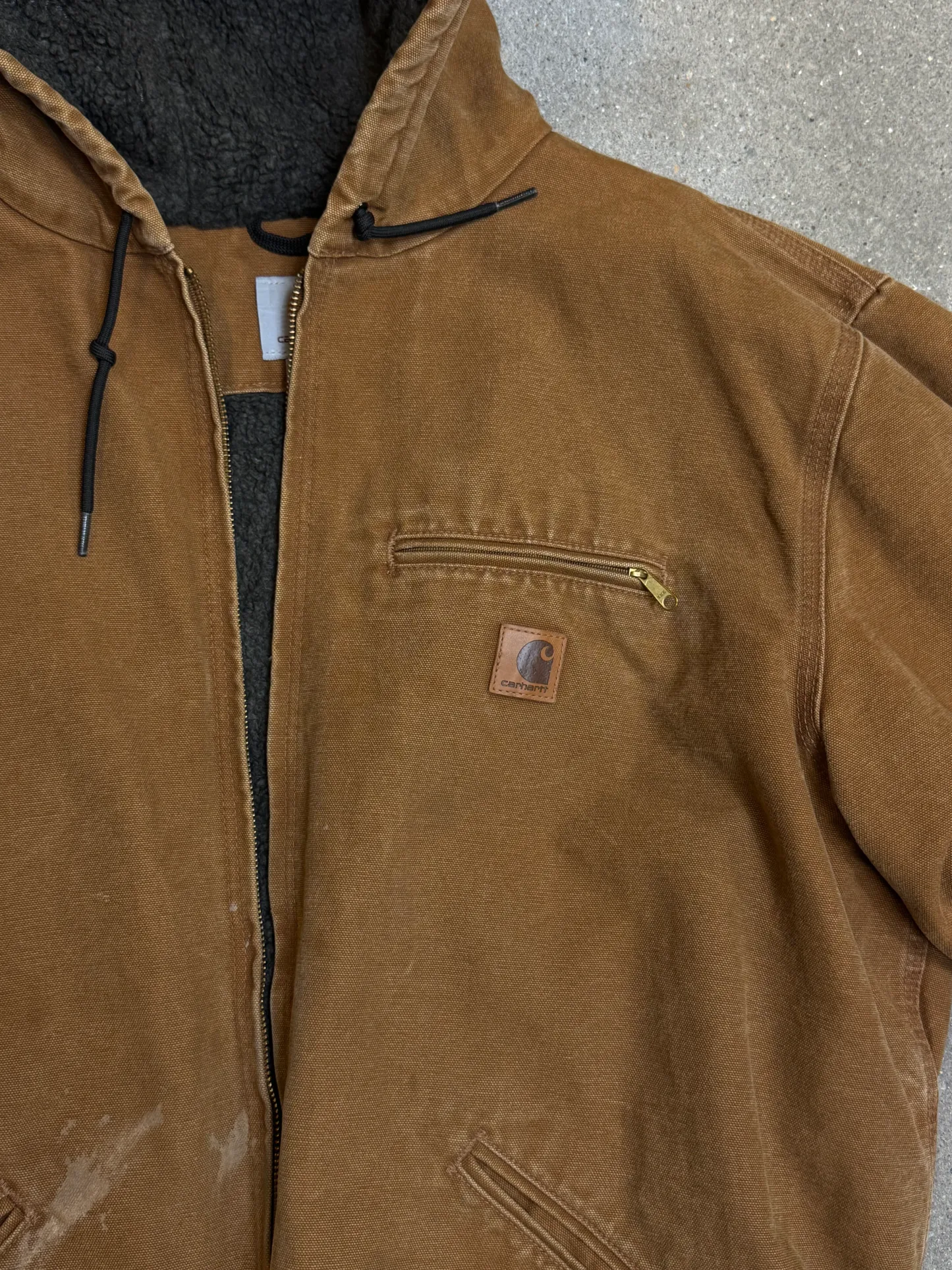 1990s Carhartt J141-211 Mens Brown Sherpa Lined Work Hooded Active Jacket (size XL Regular) Made in Mexico
