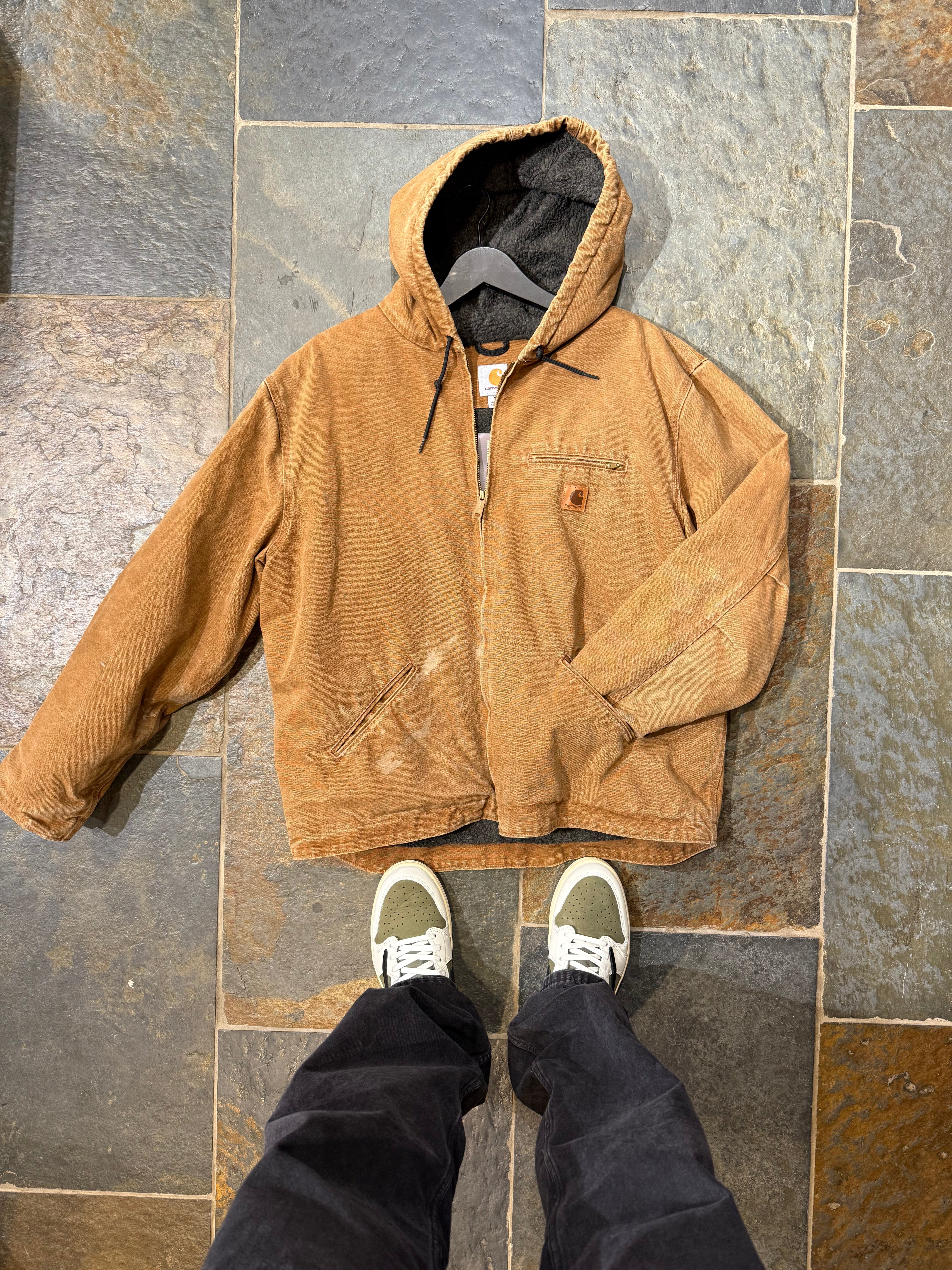 1990s Carhartt J141-211 Mens Brown Sherpa Lined Work Hooded Active Jacket (size XL Regular) Made in Mexico