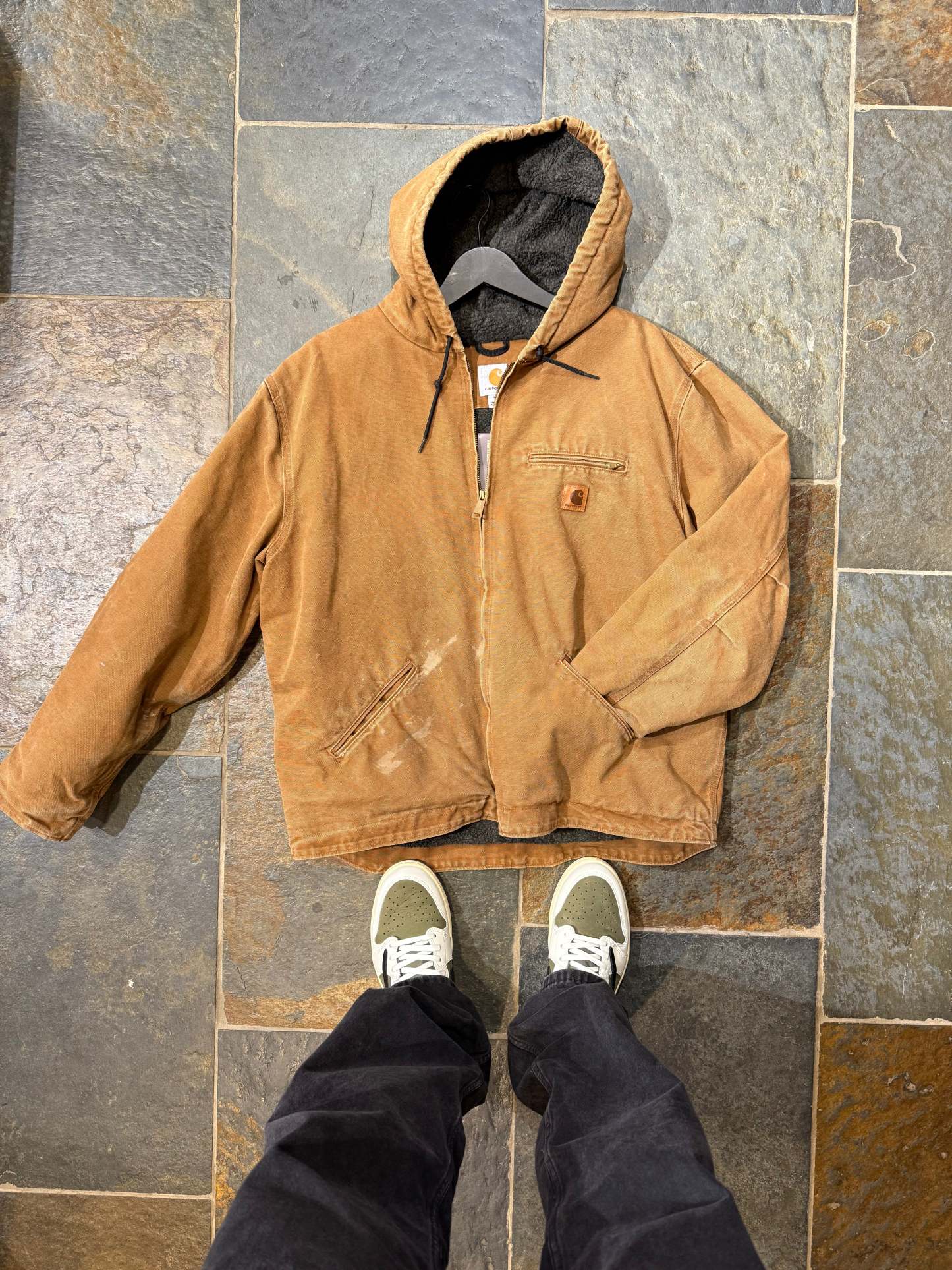 1990s Carhartt J141-211 Mens Brown Sherpa Lined Work Hooded Active Jacket (size XL Regular) Made in Mexico