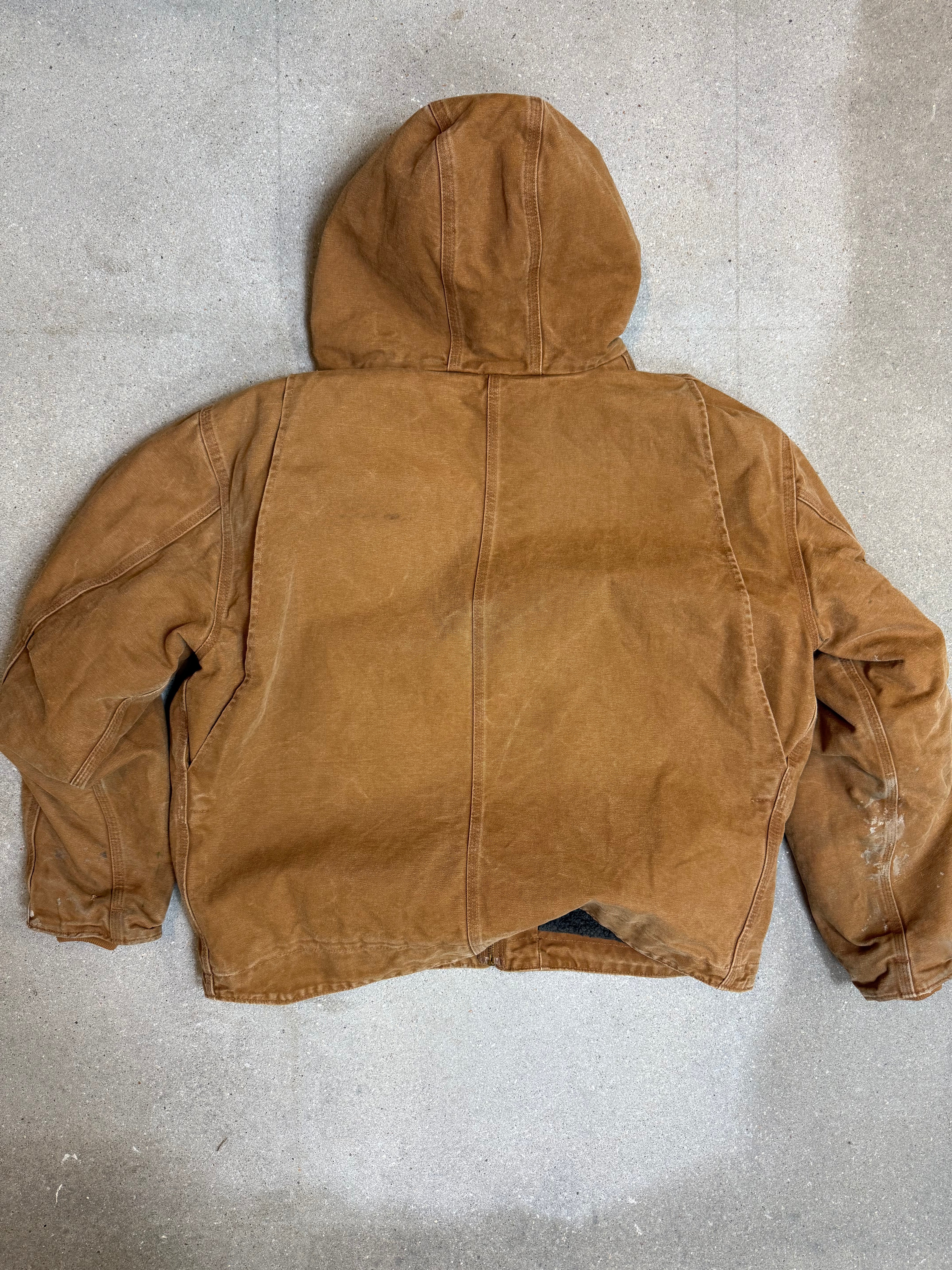 1990s Carhartt J141-211 Mens Brown Sherpa Lined Work Hooded Active Jacket (size XL Regular) Made in Mexico