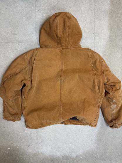 1990s Carhartt J141-211 Mens Brown Sherpa Lined Work Hooded Active Jacket (size XL Regular) Made in Mexico