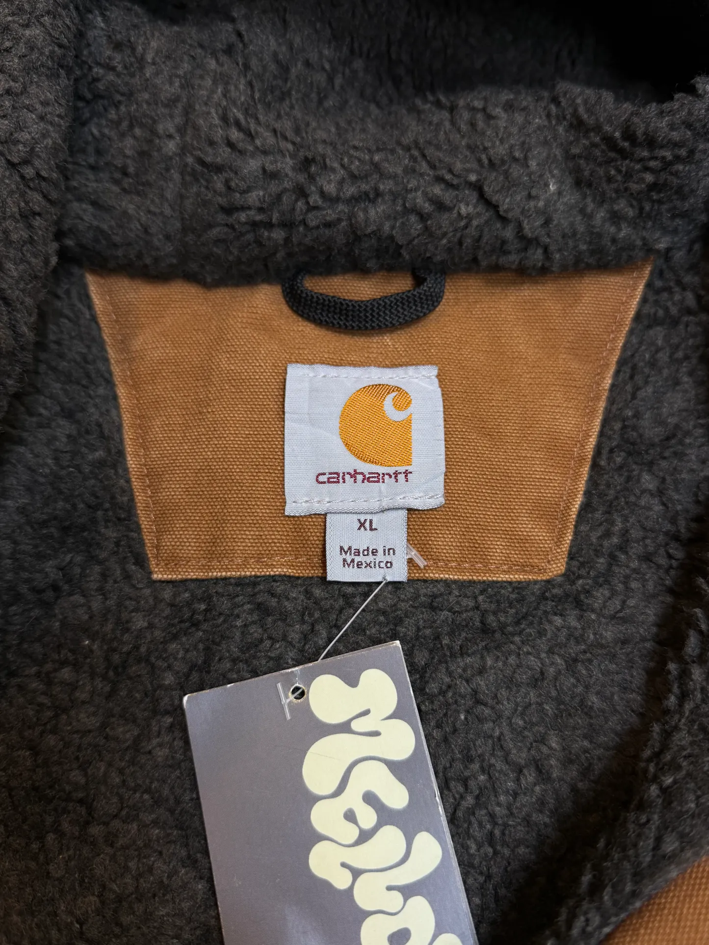 1990s Carhartt J141-211 Mens Brown Sherpa Lined Work Hooded Active Jacket (size XL Regular) Made in Mexico