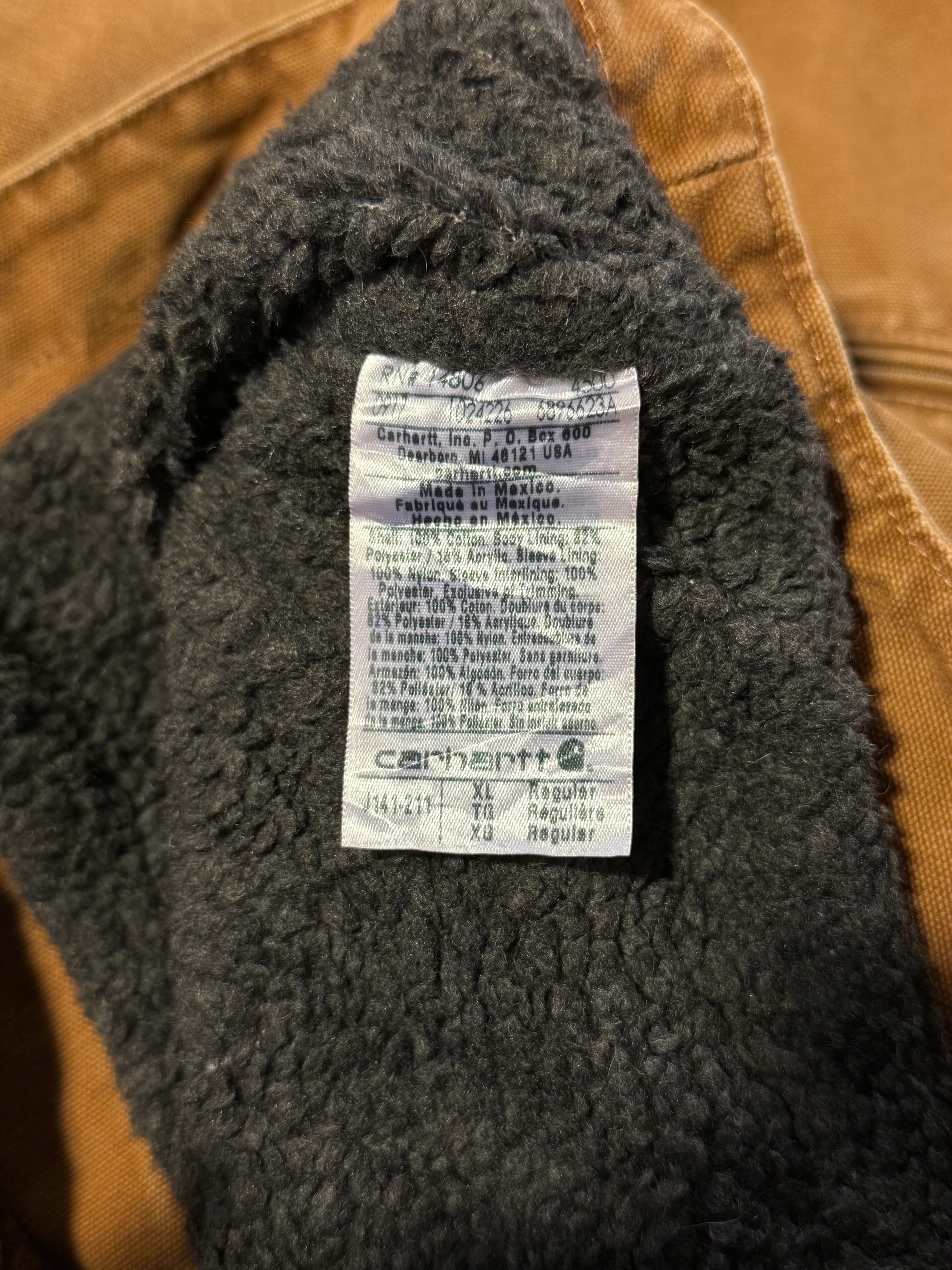 1990s Carhartt J141-211 Mens Brown Sherpa Lined Work Hooded Active Jacket (size XL Regular) Made in Mexico