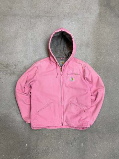1990s Carhartt Lined Sherpa Hooded Active Jacket WJ141 PKR. Faded bubblegum (womens Small) (Youth Medium 8-10)