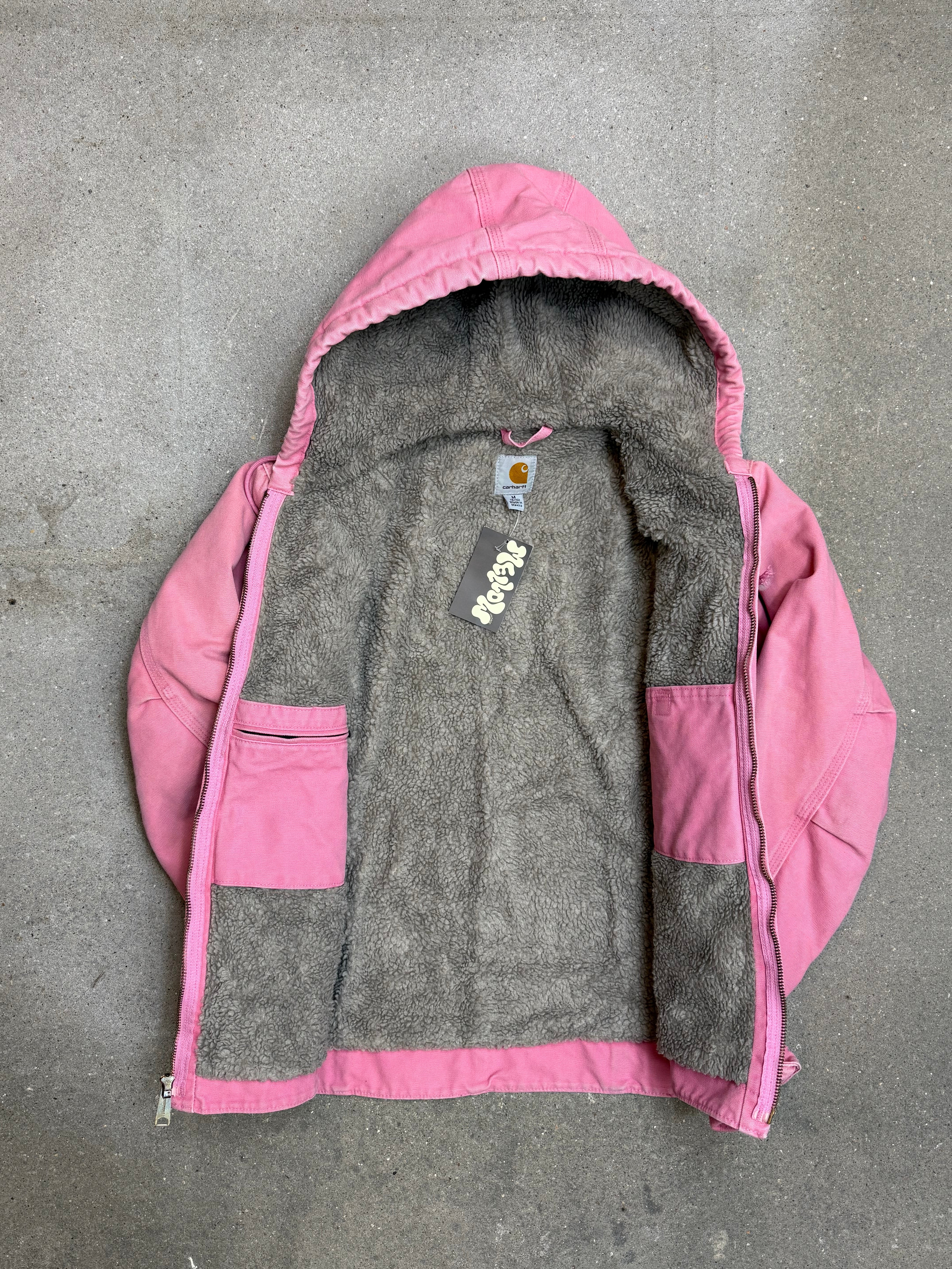 1990s Carhartt Lined Sherpa Hooded Active Jacket WJ141 PKR. Faded bubblegum (womens Small) (Youth Medium 8-10)