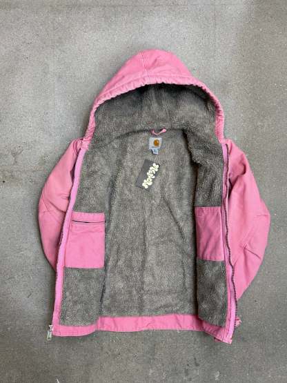 1990s Carhartt Lined Sherpa Hooded Active Jacket WJ141 PKR. Faded bubblegum (womens Small) (Youth Medium 8-10)