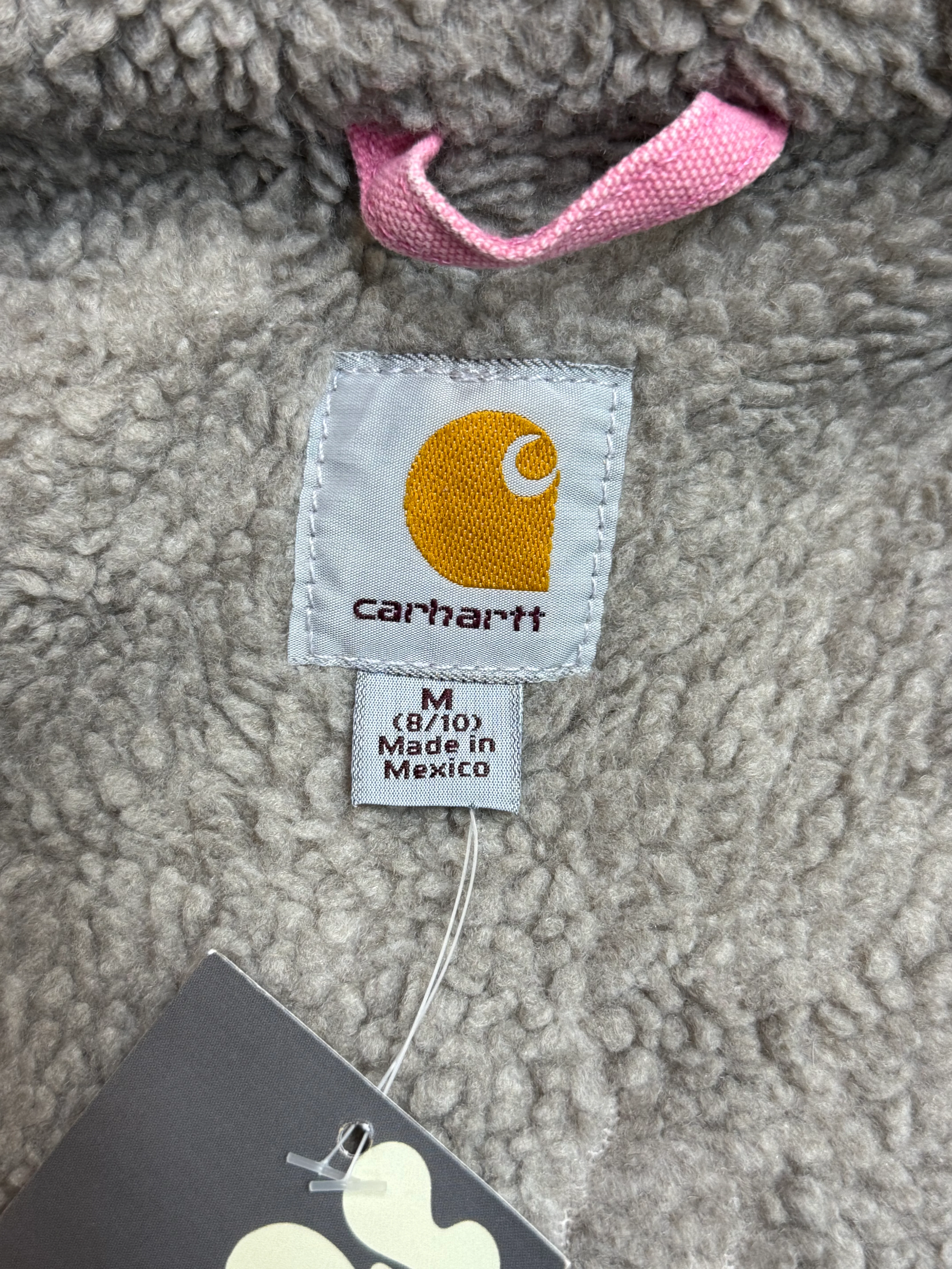 1990s Carhartt Lined Sherpa Hooded Active Jacket WJ141 PKR. Faded bubblegum (womens Small) (Youth Medium 8-10)