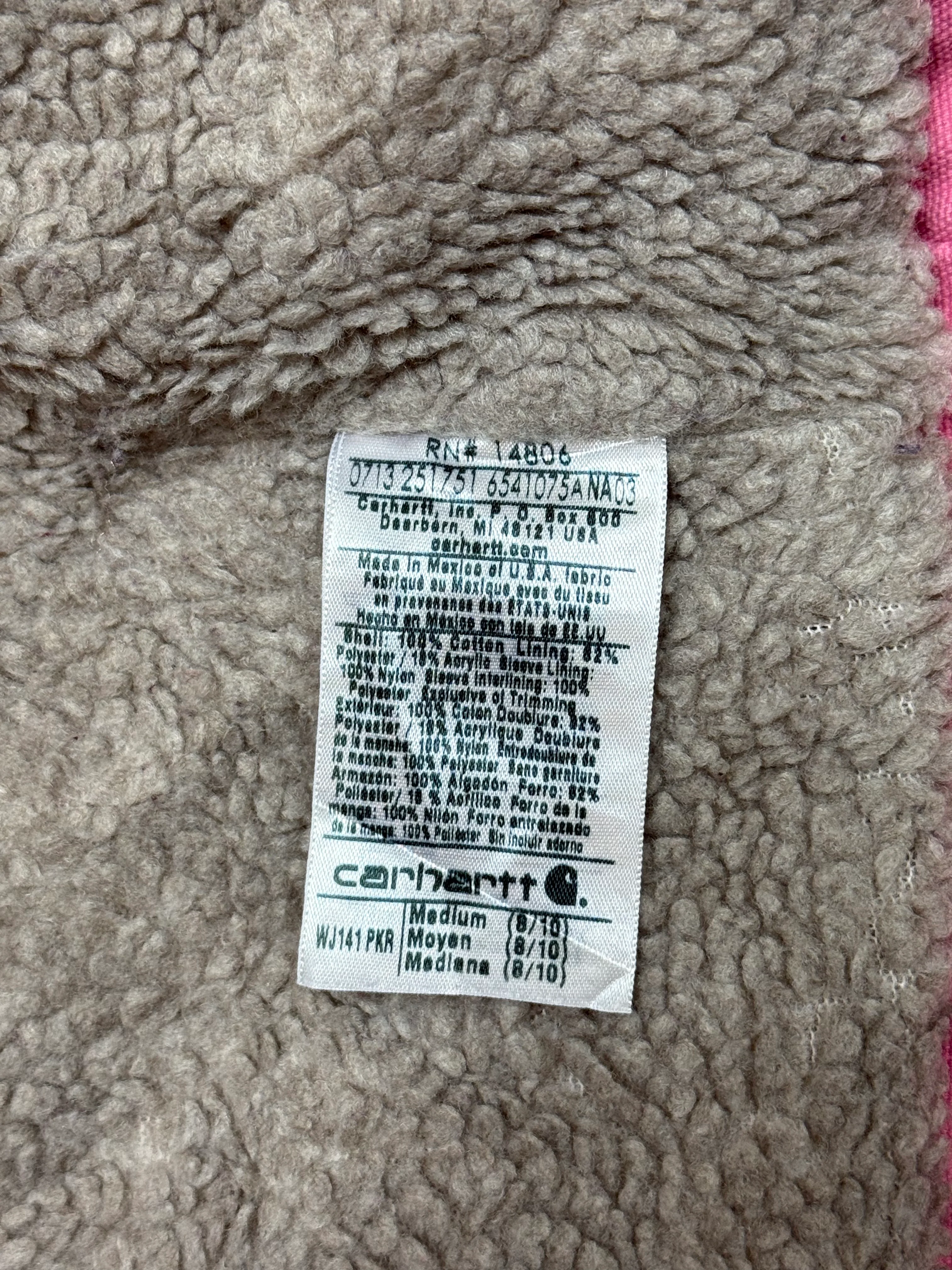 1990s Carhartt Lined Sherpa Hooded Active Jacket WJ141 PKR. Faded bubblegum (womens Small) (Youth Medium 8-10)