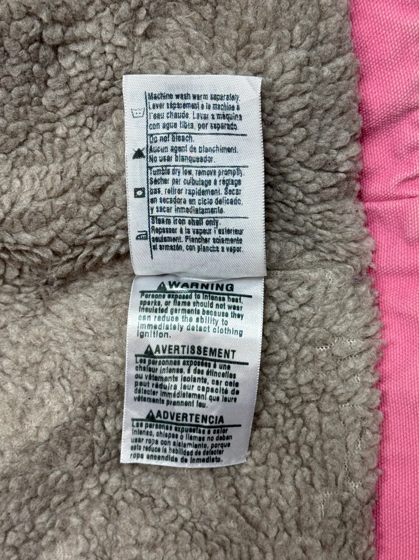 1990s Carhartt Lined Sherpa Hooded Active Jacket WJ141 PKR. Faded bubblegum (womens Small) (Youth Medium 8-10)