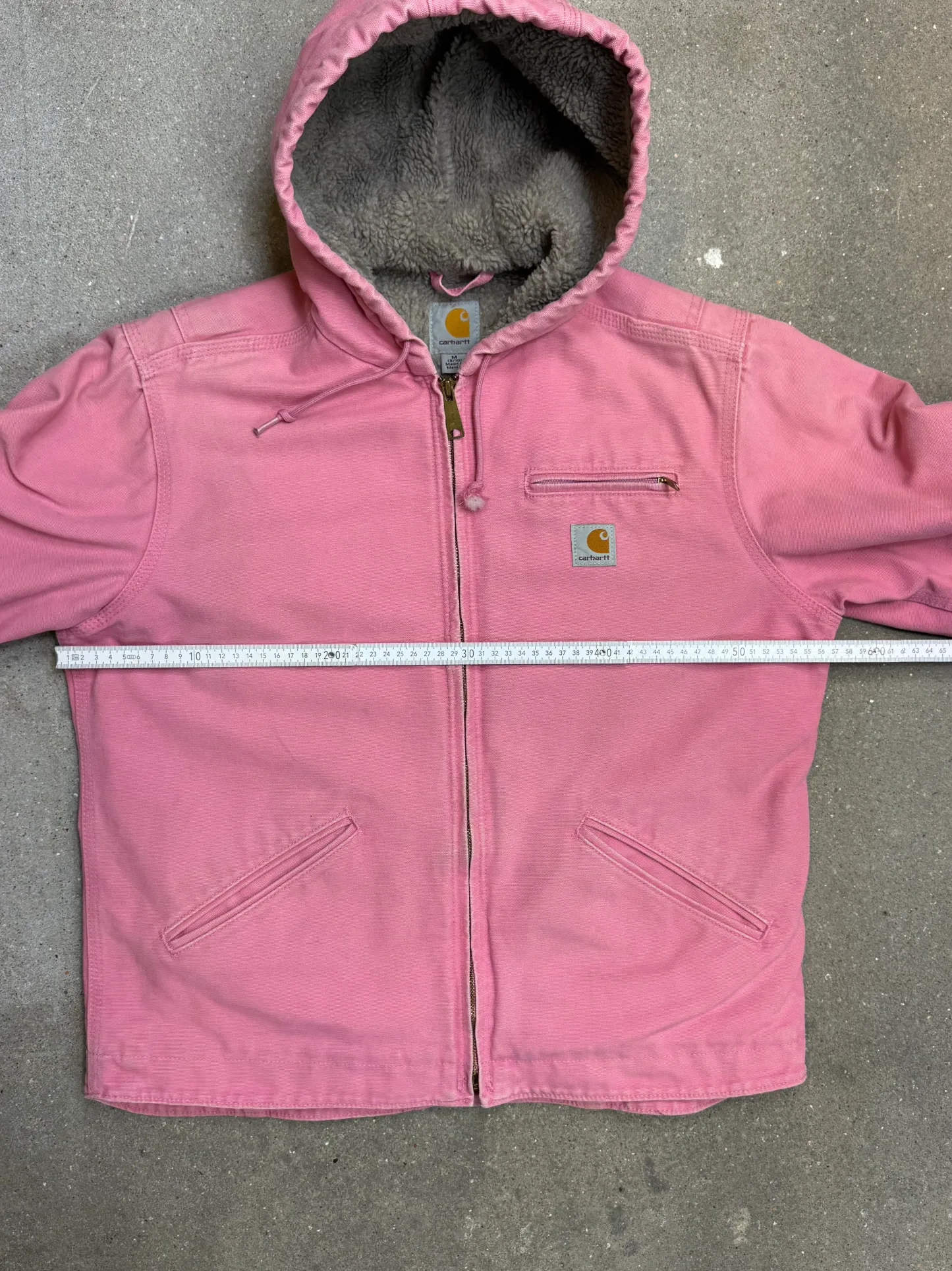 1990s Carhartt Lined Sherpa Hooded Active Jacket WJ141 PKR. Faded bubblegum (womens Small) (Youth Medium 8-10)