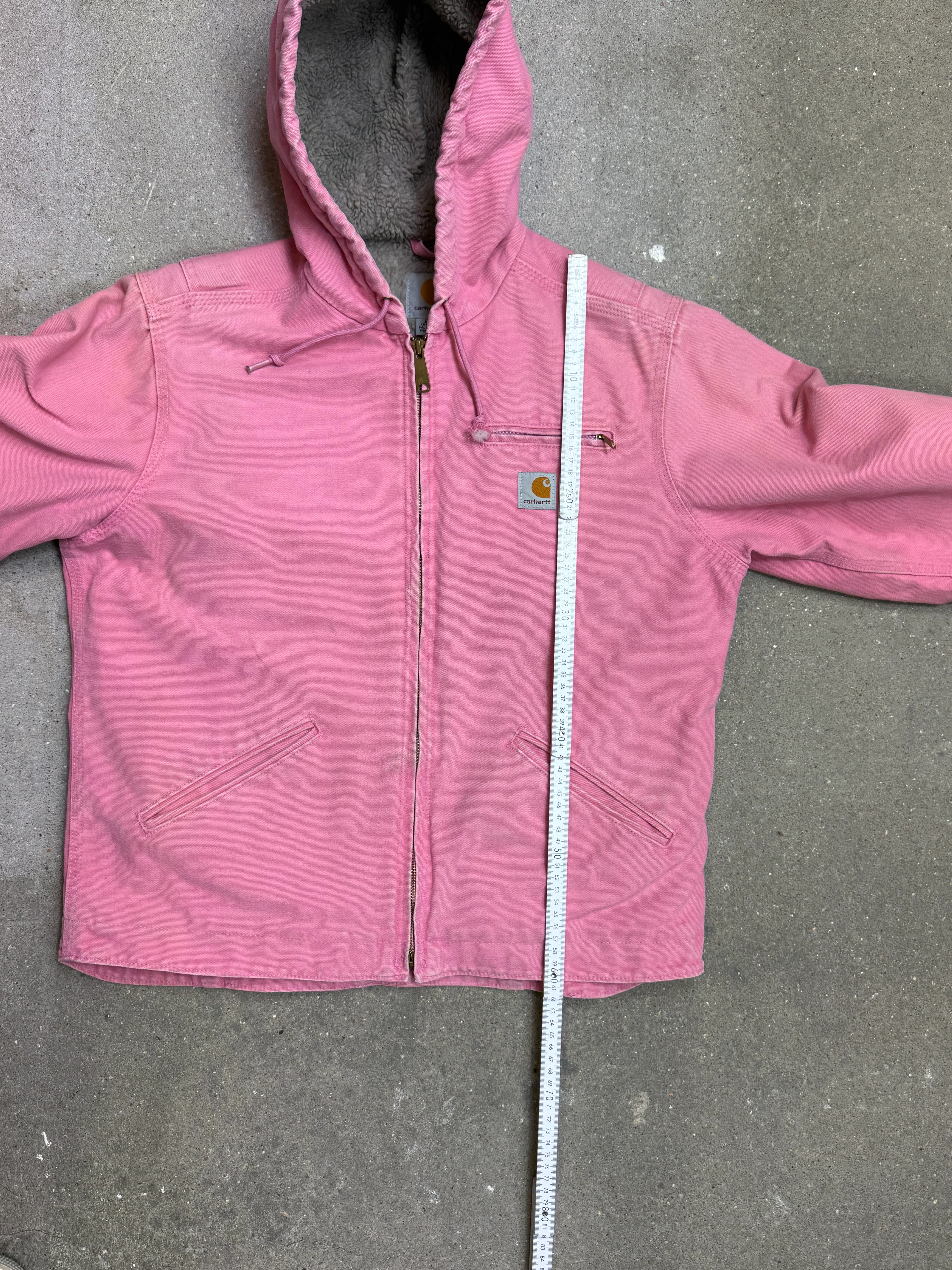 1990s Carhartt Lined Sherpa Hooded Active Jacket WJ141 PKR. Faded bubblegum (womens Small) (Youth Medium 8-10)