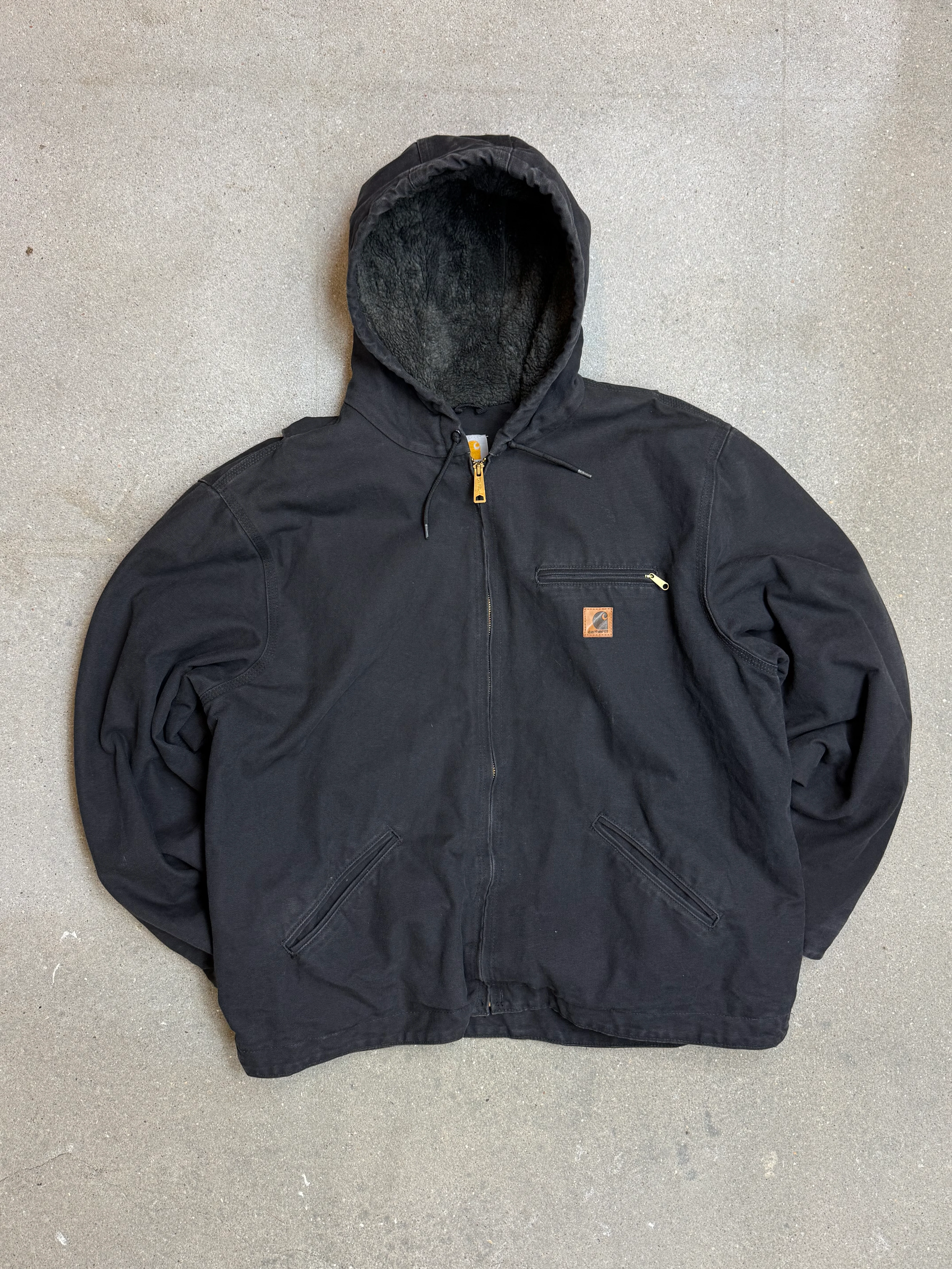 1990s Carhartt J141-BLK Mens Black Sherpa Lined Work Hooded Active Jacket (size XL Regular) Made in Mexico