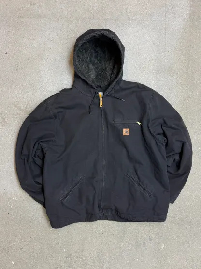 1990s Carhartt J141-BLK Mens Black Sherpa Lined Work Hooded Active Jacket (size XL Regular) Made in Mexico