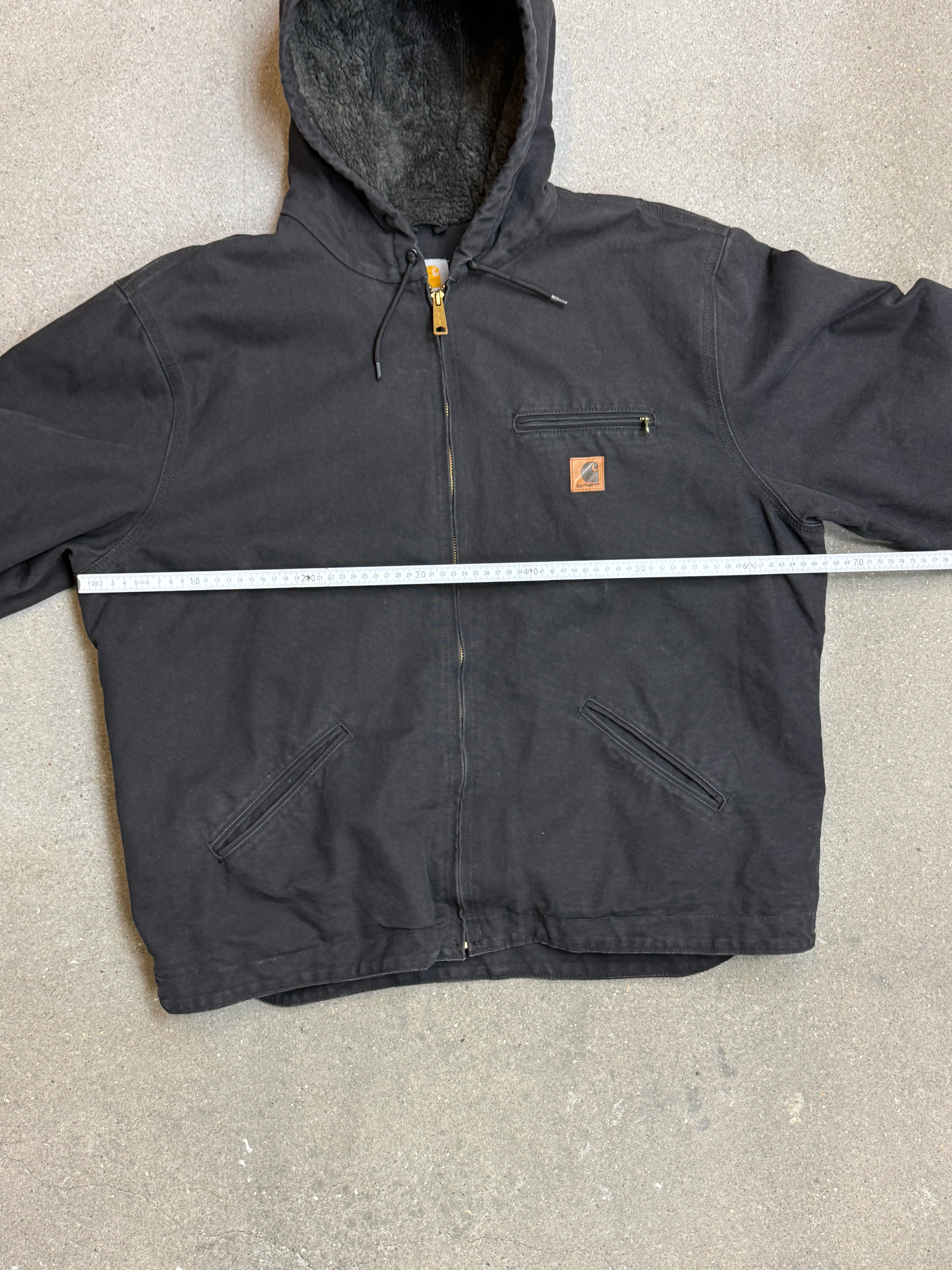 1990s Carhartt J141-BLK Mens Black Sherpa Lined Work Hooded Active Jacket (size XL Regular) Made in Mexico