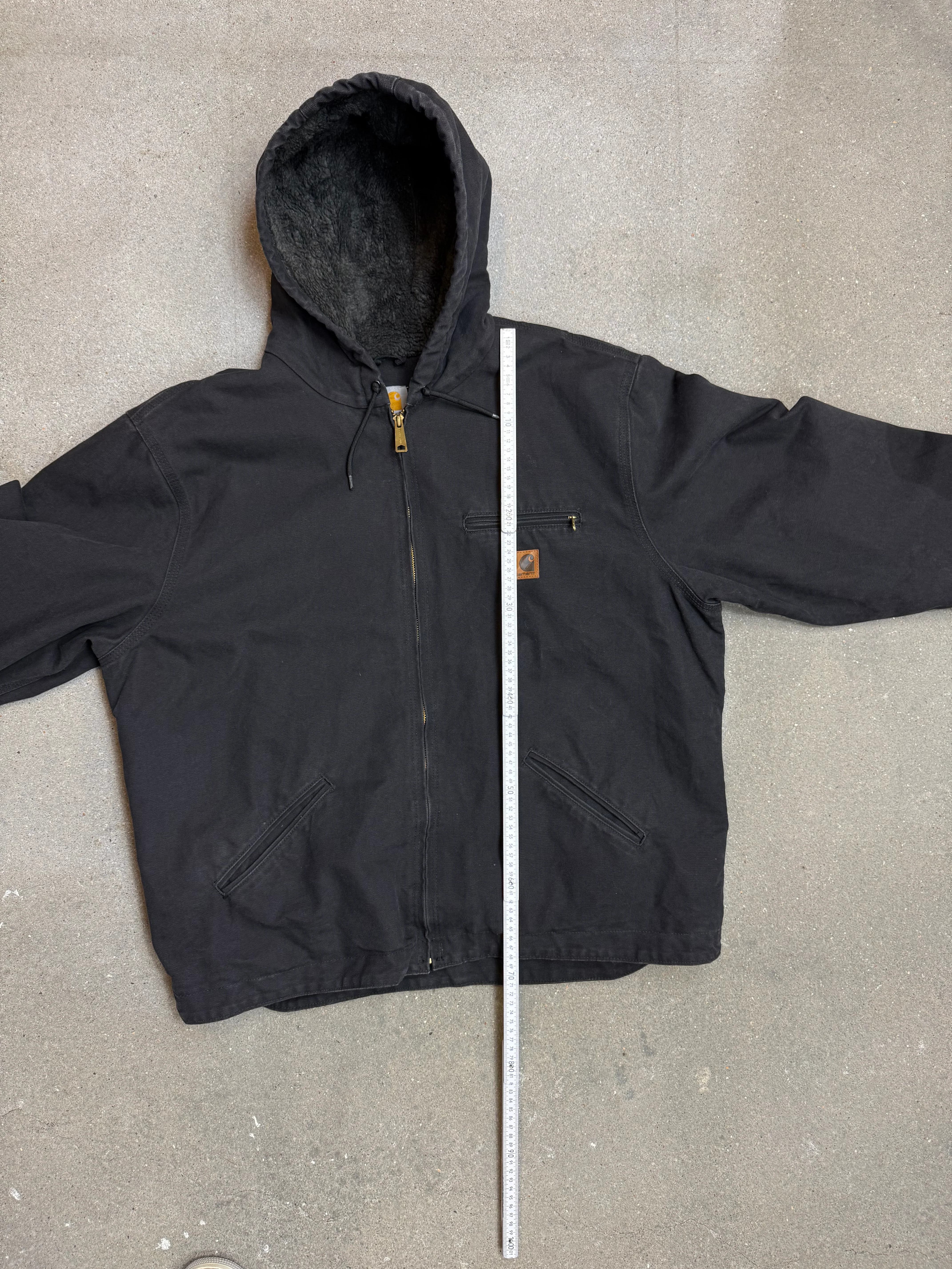 1990s Carhartt J141-BLK Mens Black Sherpa Lined Work Hooded Active Jacket (size XL Regular) Made in Mexico